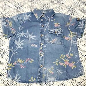 Floral Denim Button Down Collared Top